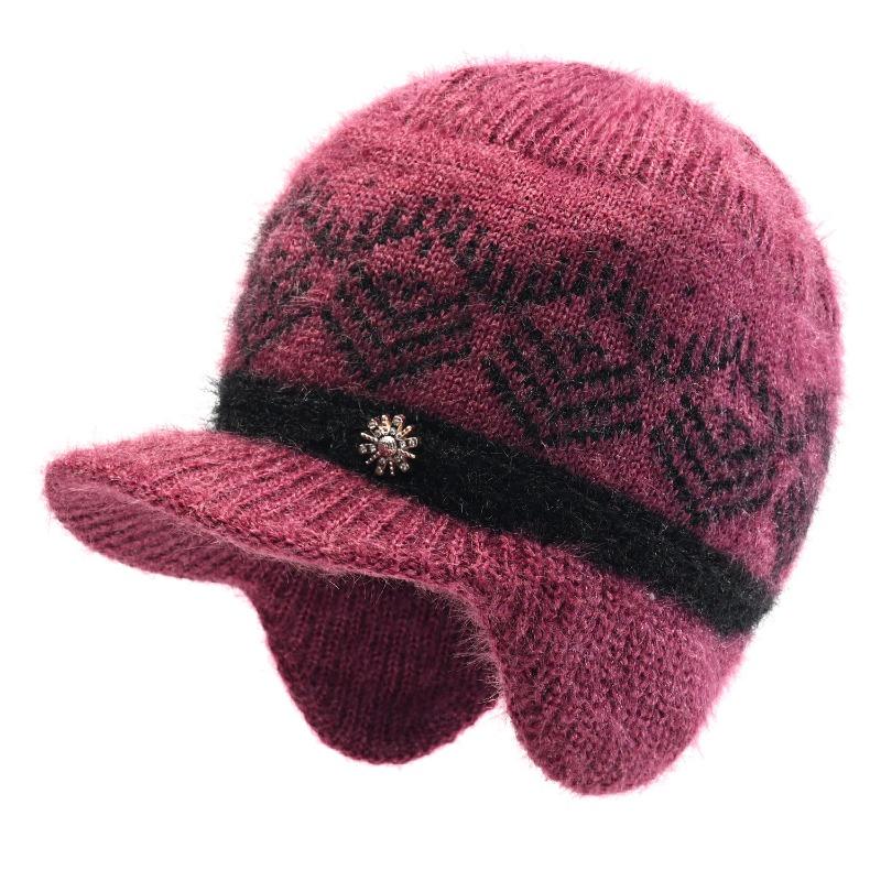 Winter Hat Female Old Lady Knitted Wool Hat Piled Thickened Warm and Cold Ear Hat