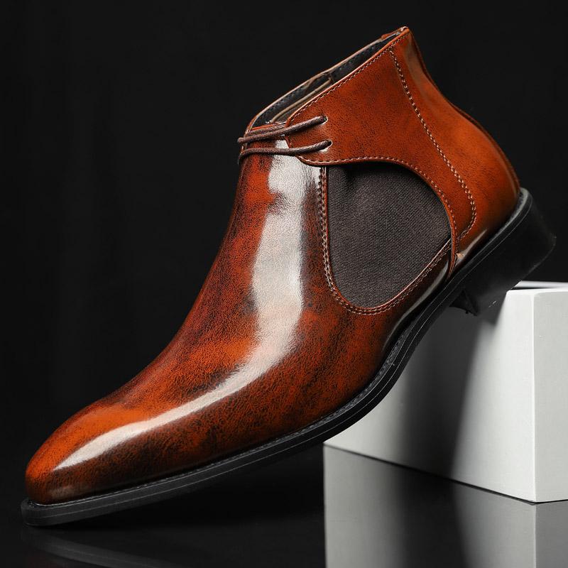 2025 Mens Classic Business Patent Leather Chelsea Boots Pointed Ankle Boots Men Comfy Casual British Style Short Boots
