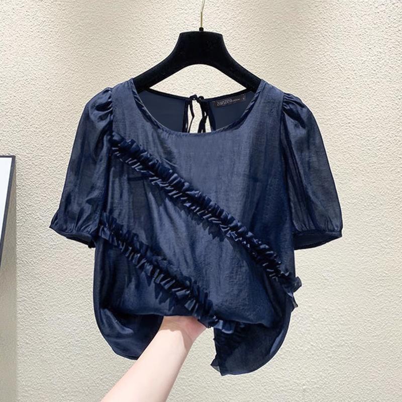 ZANZEA Damskie bluzki z okrągłym dekoltem i bufiastymi rękawami, w jednolitym kolorze, luźne, falbaniaste