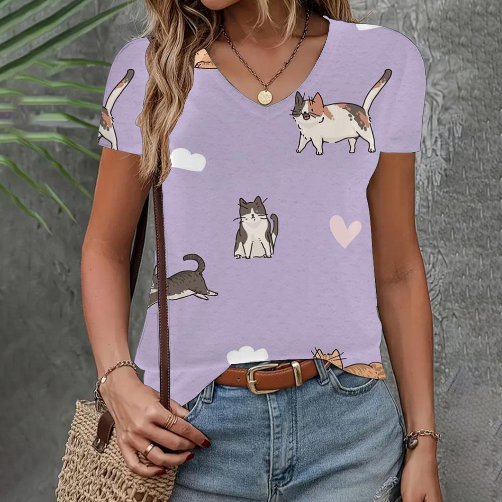 Summer New T-shirt Women's Clothing Loose Casual Short Sleeve Fashion Cat Print Top V-neck Elegant Clothing Women's T-shirt 2024