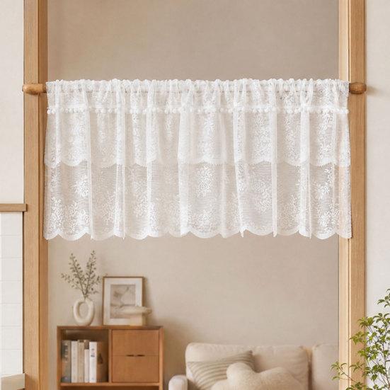 White Lace Window Valance, Sheer Vintage Floral Lace Short Curtain, Light Filtering Valance Curtain with Rod Pocket for Basement Kitchen Window
