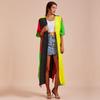 EDOLYNSA Casual Blue Embroidered Long Kimono Cardigan Bikini Cover Up Wrap Dress Beachwear Swimwear Cover Up Q1489