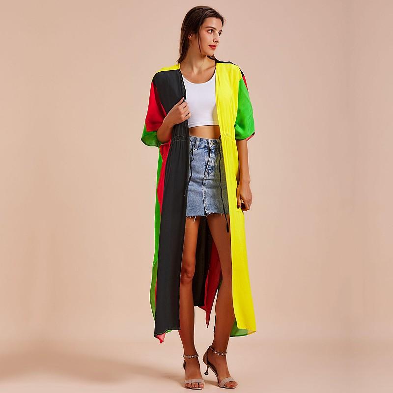 EDOLYNSA Casual Blue Embroidered Long Kimono Cardigan Bikini Cover Up Wrap Dress Beachwear Swimwear Cover Up Q1489