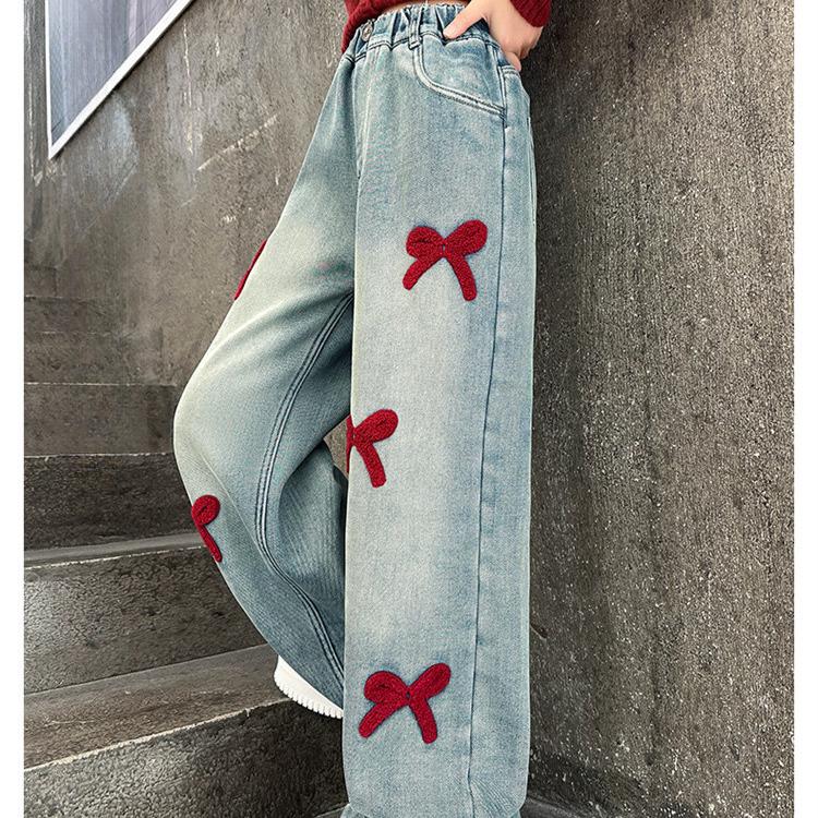 Bestickte Mädchenjeans Frühling und Herbst Kinderhosen Mädchen Straight Leg Hosen Mädchen Wide Leg Hosen