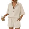 Sommer Damen 2-teiliges Outfit V-Ausschnitt Kurzarmbluse und Shorts Set Lässige Mode für den Urlaub