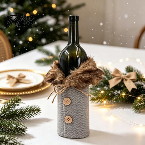 Reusable Wine Bottle Decorations Christmas Sweater Cover, Faux Fur Collar And Button Covers Coat Design Plaid Clothes for Party Decoration Holiday