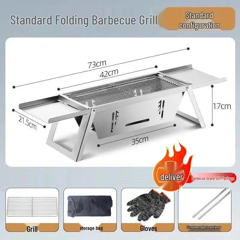 Compact Stainless Steel Outdoor Charcoal BBQ Grill with Skewer Rack and One-Second Folding Design