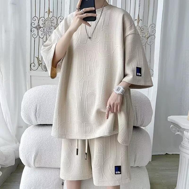 Men s Korean Summer Suit Korean Casual T-shirt + Shorts Suit Men s Tracksuit Solid Color Tracksuit Loose Suit Plus Size XS бежевый
