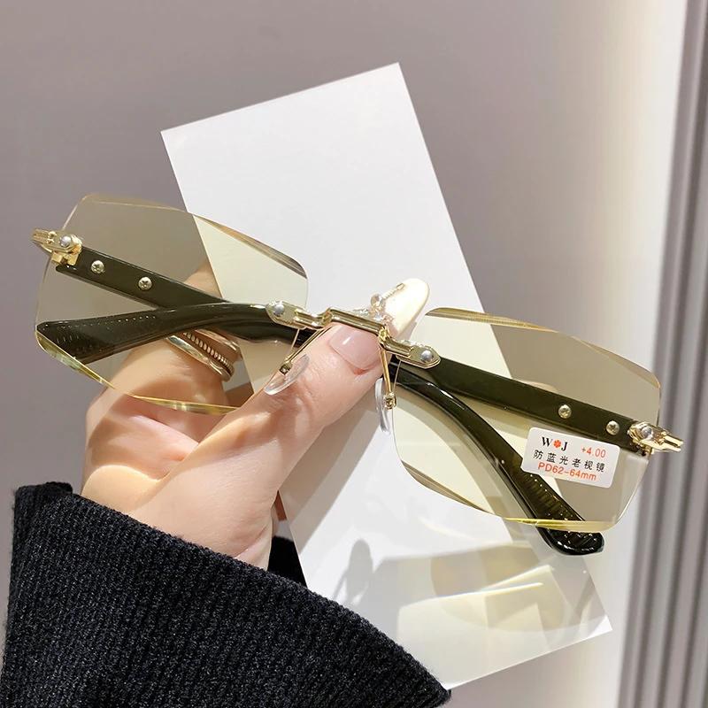 Fashionable And Trendy Frameless Square Cut Edge Reading Glasses Blue Light Blocking Eye Protection Night Vision Glasses