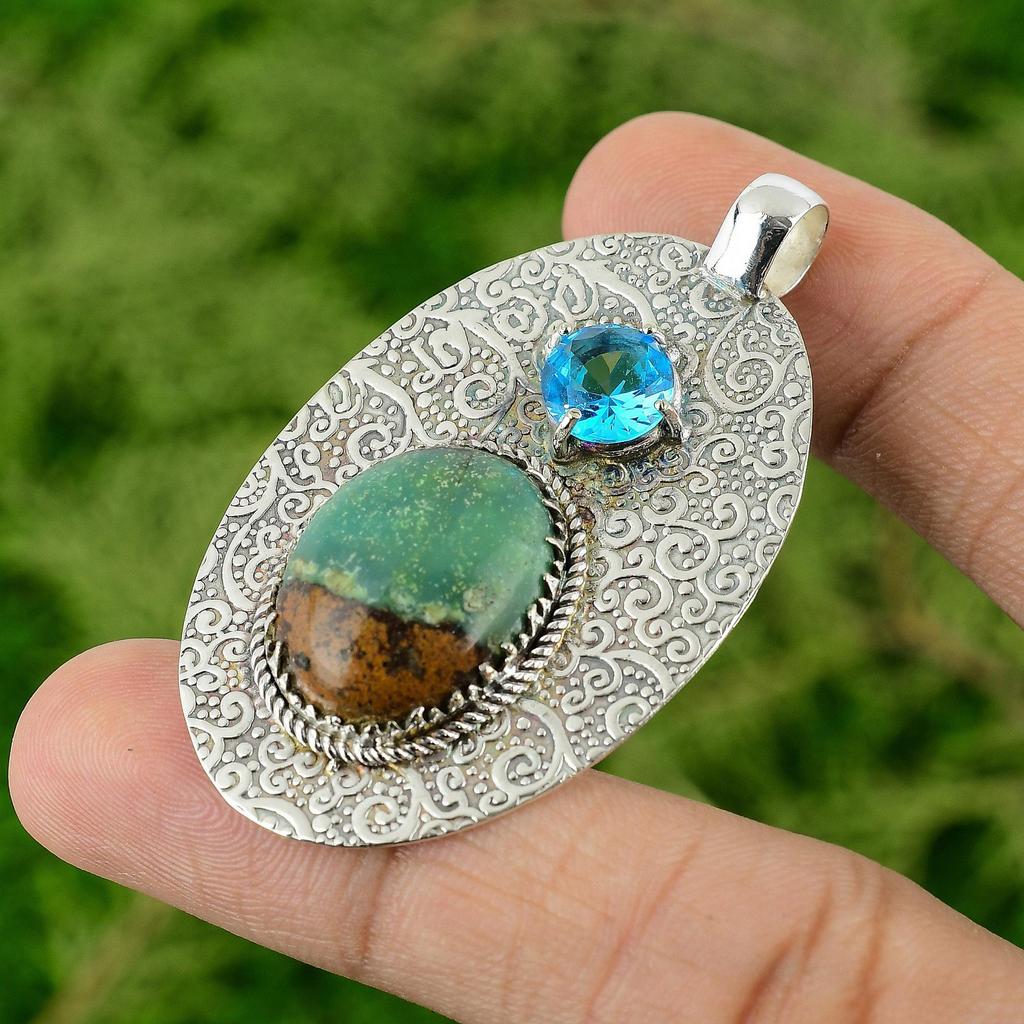 Oval Chrysoprase Gemstone Swiss Blue Topaz Bezel Pendant Jewelry Sterling Silver