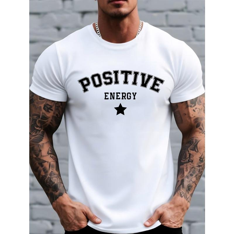 

European Size POSITIVE ENERGY Men s & Women s T-Shirt - American College Style Short Sleeve Crew Neck Tee with Letter Print, Breathable Casual Top S белый