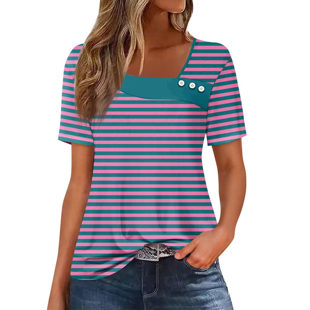 Women's Casual Printed Asymmetric Neck Short Sleeve Decorative Button T-Shirt Top