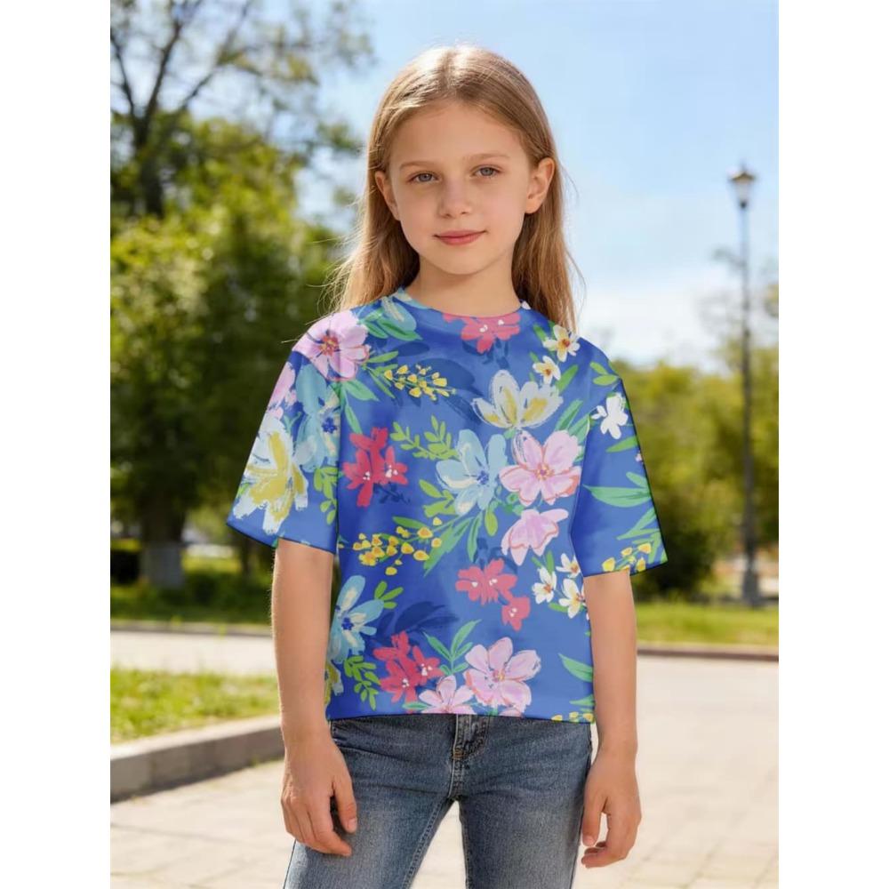 Summer Girl T-shirt Fashion Flower 3D Print Kids Short Sleeves T-Shirt Loose Casual Tops Outdoor Comfortable Girl Clothing
