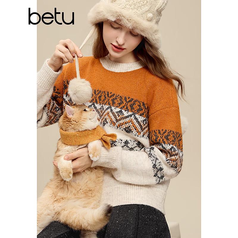 Betu Women's Retro Color Block Jacquard Round Neck Sweater