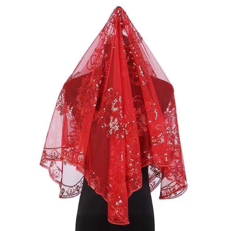 Red Xiuhe Summer Bridal Dress with Semi-Transparent Veil and Head Covering