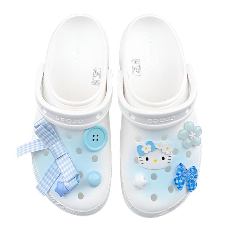 Crocs Classic Platform Clog ZR Zhiran Blue Flower Sea Bow Cute Hole Shoes for Men and Women in White and Blue