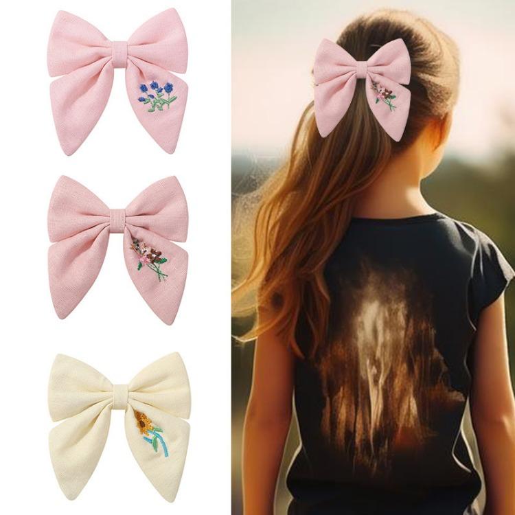 Flower Embroidery Bow Hair Clip Sweet Princess Girls Hair Clips Handmade Ribbon Bangs Hairpin Cute Bowknot Barrettes Headwear
