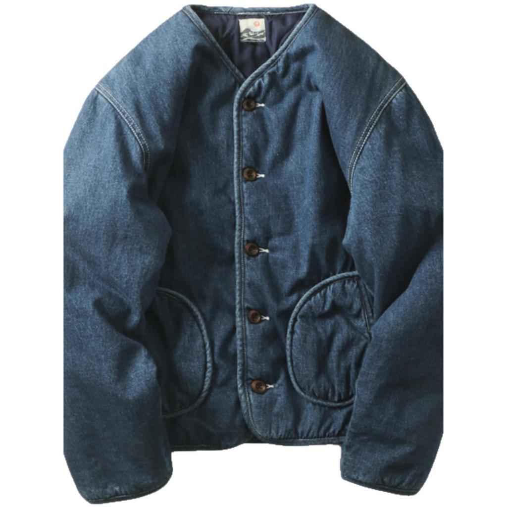 2025 Men's Quilted Winter Denim Jacket - Japanese Retro Style with Stand Collar