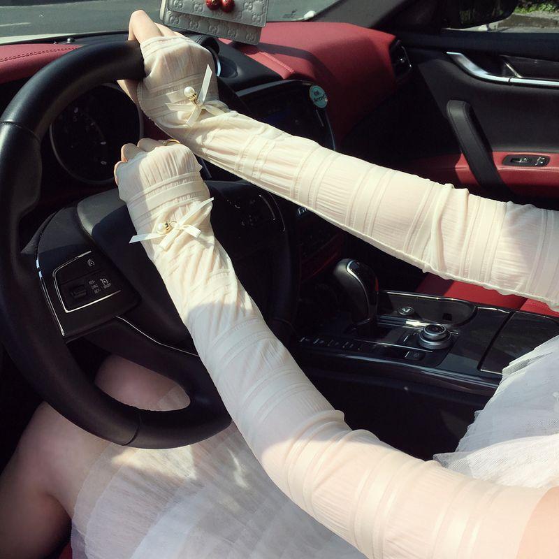 

Summer Outdoor Cycling Driving Viscose Fiber Oversleeve Pearl Bows Sun Protection Oversleeve Sun Protection Ice Sleeve Lace Gloves Rice White One size