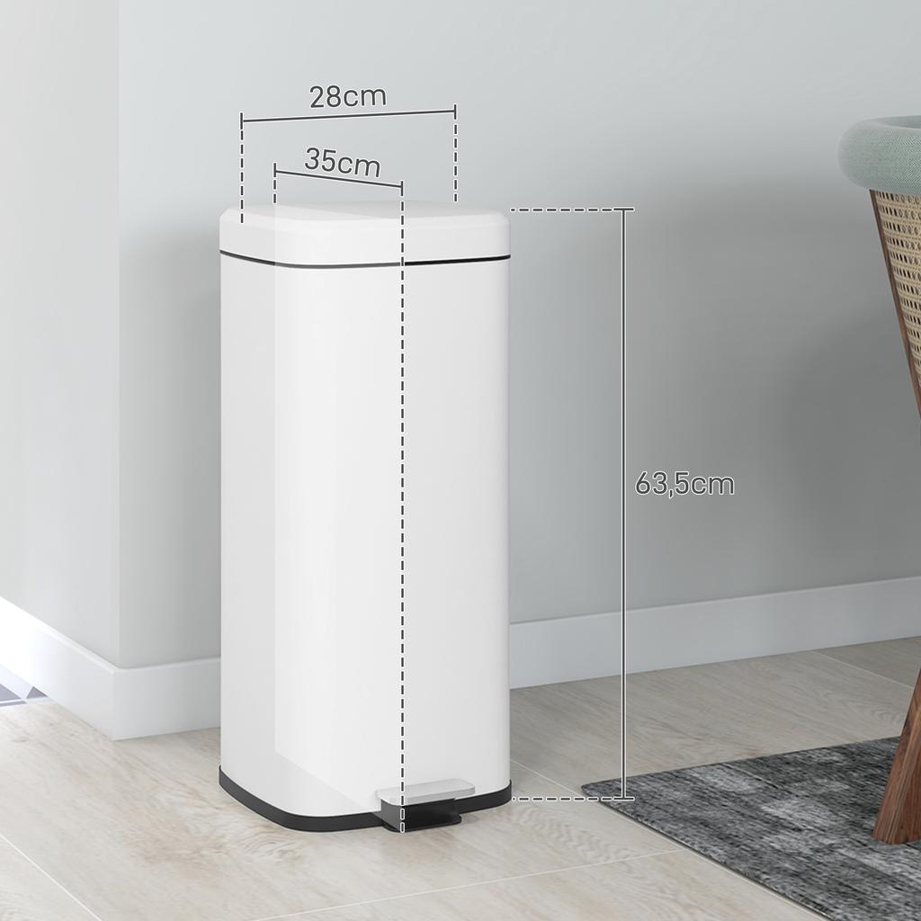 Trash Can 30L, Soft-Close Lid, Fingerprint-Proof, Foot Pedal, Metal/Plastic, 28x35x63.5 Cm, White