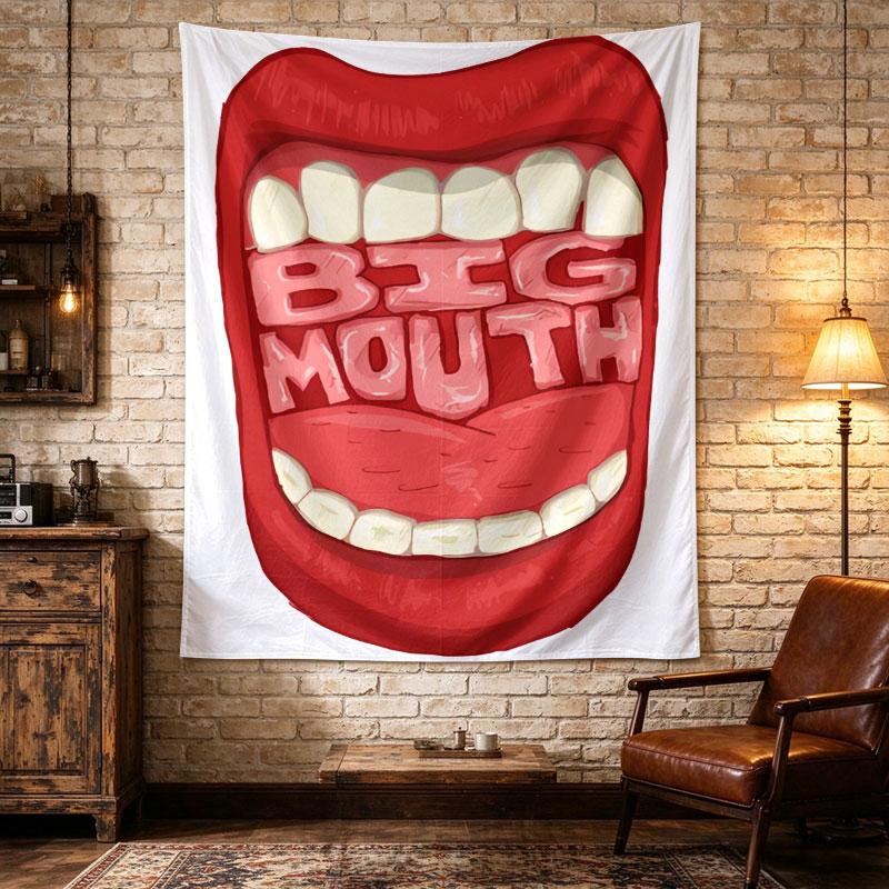 Big Mouth poster fills the frame with a giant open red mouth, white teeth rows and pink BIG MOUTH letters on the tongue Wall Tapestry