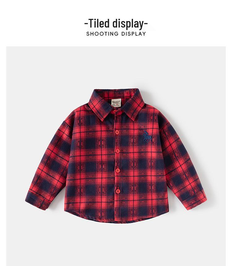 2026 Spring Kids' Blue Plaid Embroidered Long Sleeve Shirt for Boys