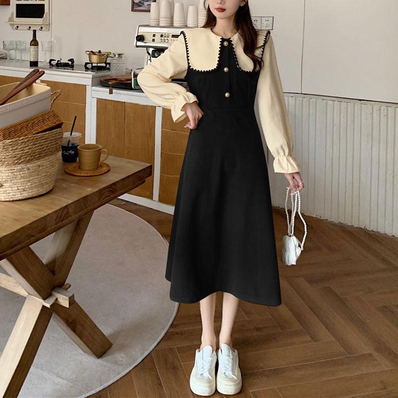 

Платье миди с кукольным воротником во французском стиле, винтажное, А-силуэта по талии, весна-осень, новое, лоскутное, с длинными рукавами M чёрный