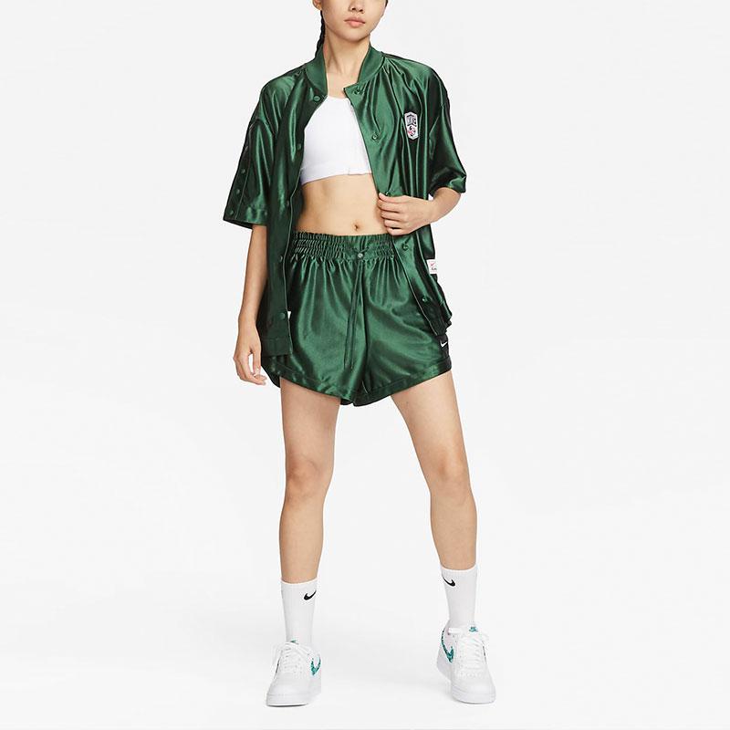 Nike Spor Giyim Düz Renk Beyzbol Yaka Kısa Kollu Gömlek Kadın Üstleri Ladin-Yeşil FQ0700-323