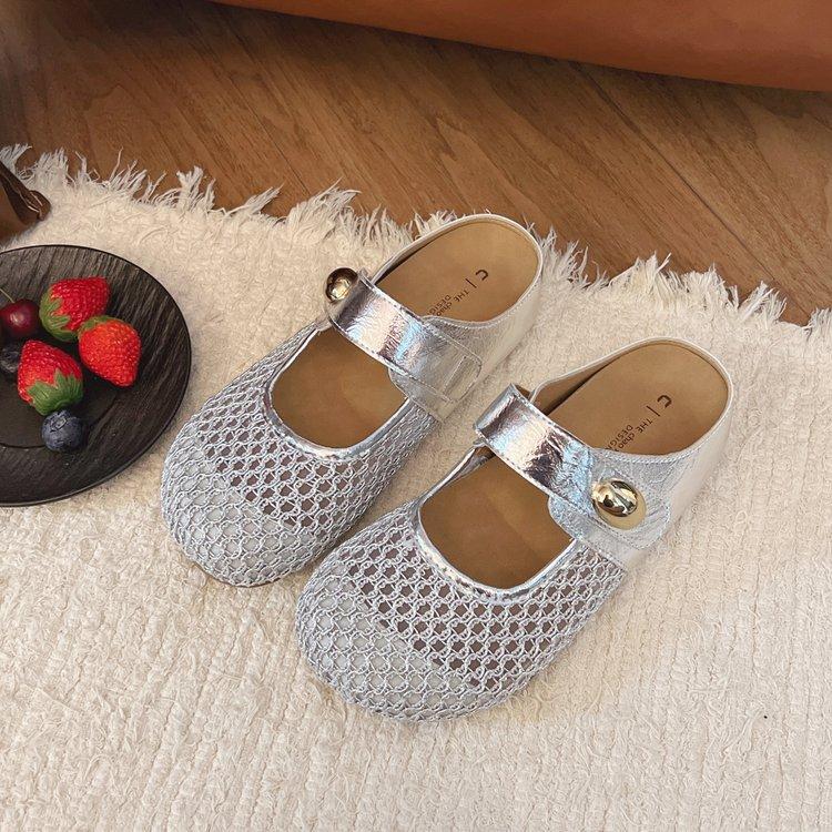 French thick-bottomed mesh breathable bag head half slippers women's summer wear 2025 new non-slip with skirt one-word sandals
