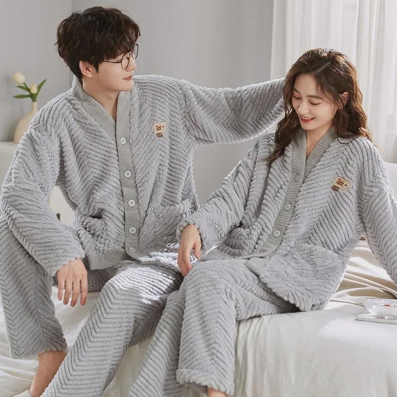 Thick Coral Fleece Jacquard Couple Cardigan Pajamas