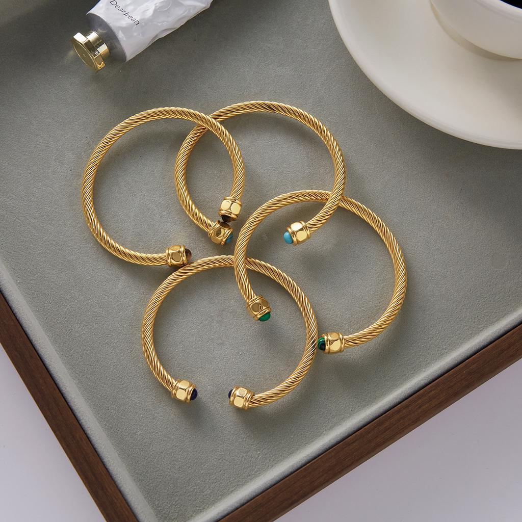 Uworld Simple Classic Gold Color Plated Stainless Steel Natural Stone Blue Turquoise Ribbed Bracelet Stackable Peacock Stone