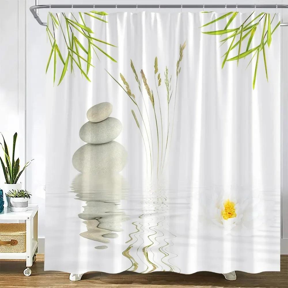 Zen Green Bamboo Shower Curtains Purple Orchid Butterfly Flowers Plants Black Stone Spa Nature Scenery Fabric Bathroom Decor Set