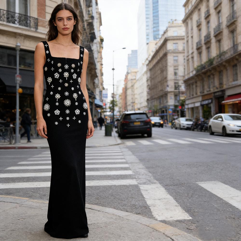 Elegant Rhinestone Beaded Ball Gown with Elastic Tank Skirt
