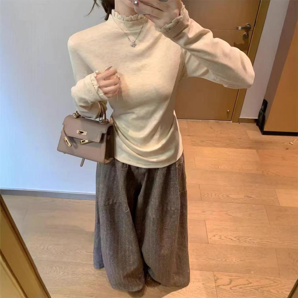 Women's Lace Trim High Neck Long Sleeve T-shirt - 2025 Autumn/Winter Collection Trendy Base Top