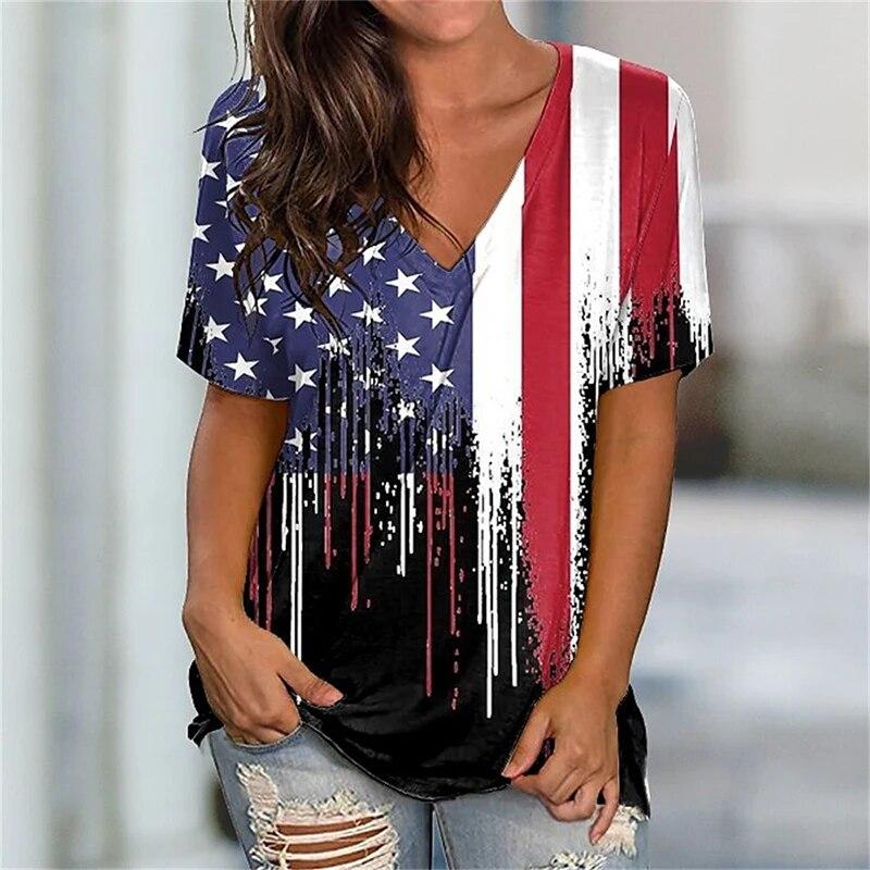 Summer American Flag USA 3D Print T-shirts Women Streetwear T Shirt Y2k Tops V-Neck Sports Tees Girl Oversized Harajuku Clothing