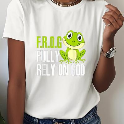 F.R.O.G. Fully Rely On God Women'S T-Shirt - Black with Green Frog & White Lettering Faith-Based Graphic Tee, Loose Fit Short Sleeve Round Neck Top,