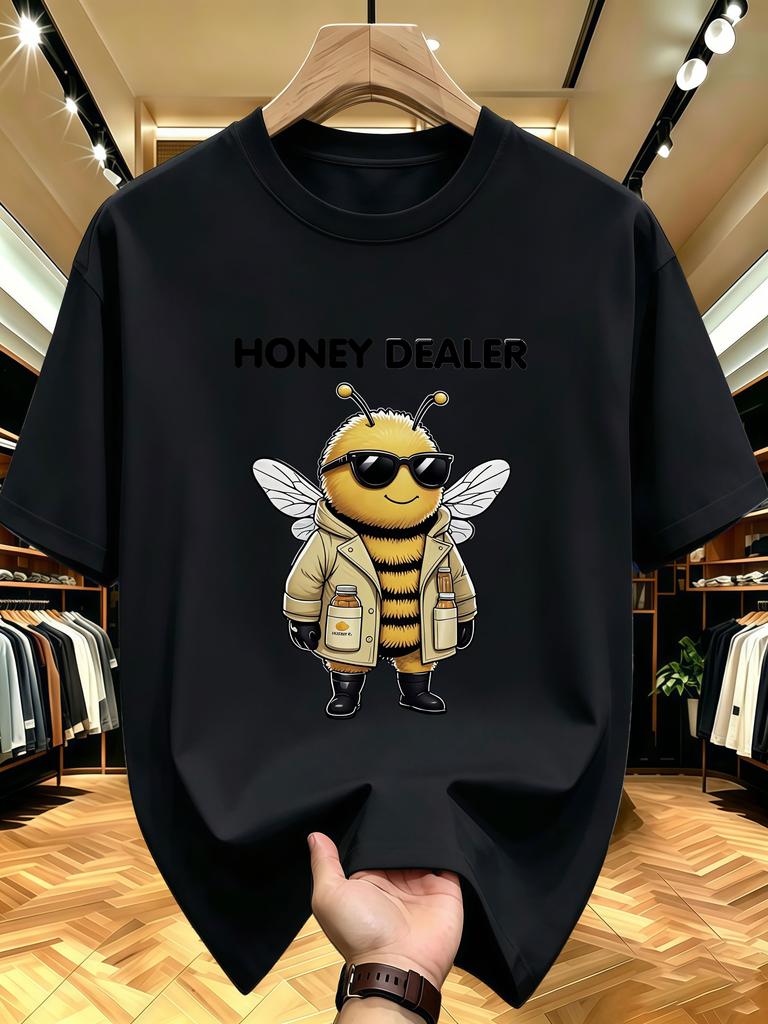 Unisex O Neck Tee Honey Dealer Bee Cartoon Print Cotton Short Sleeve Loose Summer Street Breathable Daily Casual Basic Wear Top