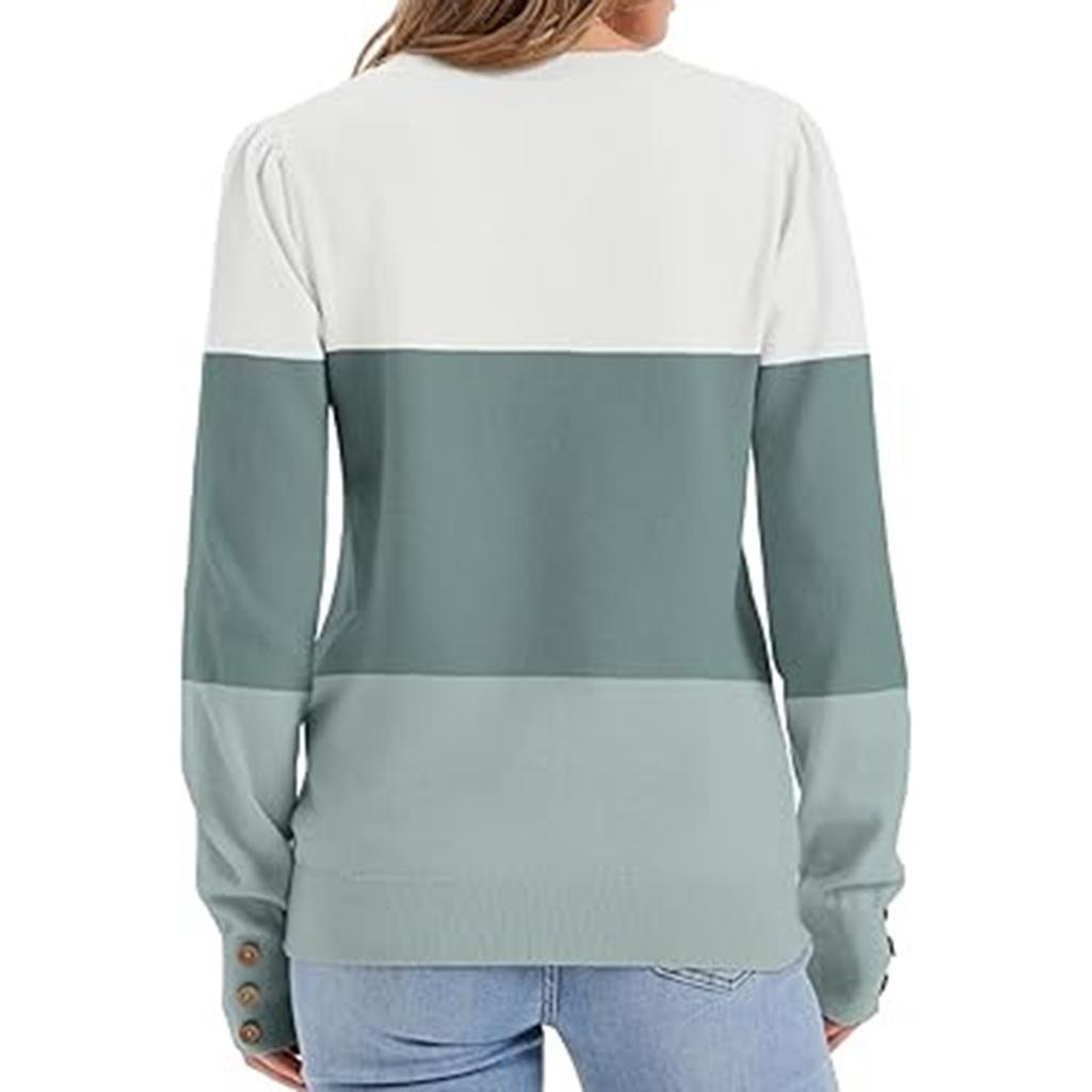 Women's Color Blocked Button Round Neck Long Sleeved Loose Fitting Pullover Top