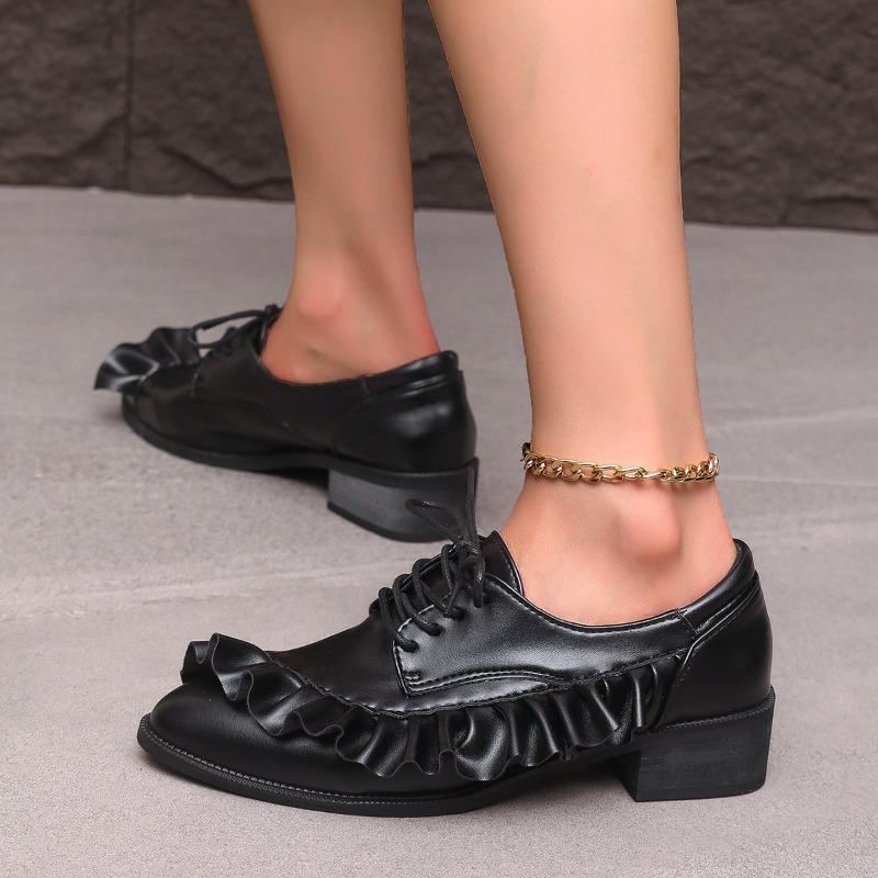 2025 New Women Ruffles Designer Lace Up Shoes Cowhide Genuine  Pumps Comfortable Low Cut Low Heels Shoes Party Footwear