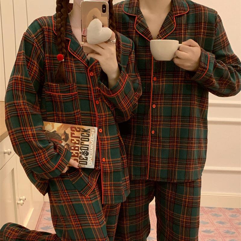 Podzimní/Zimní Korejská Kostkovaná Pár Pyžamová Sada - Dlouhý Rukáv, Dlouhé Kalhoty na Vánoce.