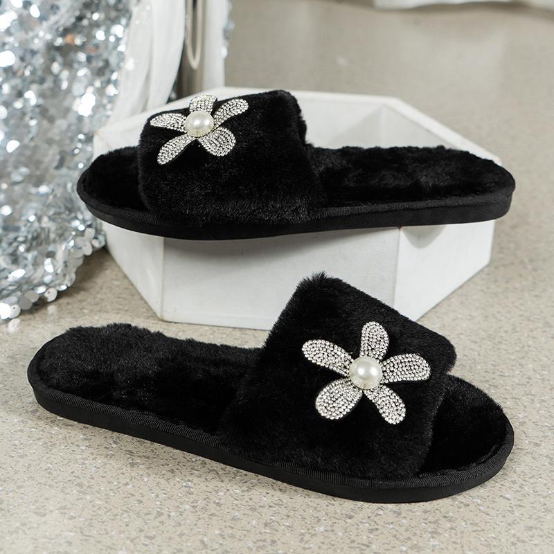 Fashion Crystal Flower Women's Fluffy Slippers Autumn Winter Open Toe Plush Home Slides Women Non Slip Indoor Bedroom Cotton Shoes Woman
