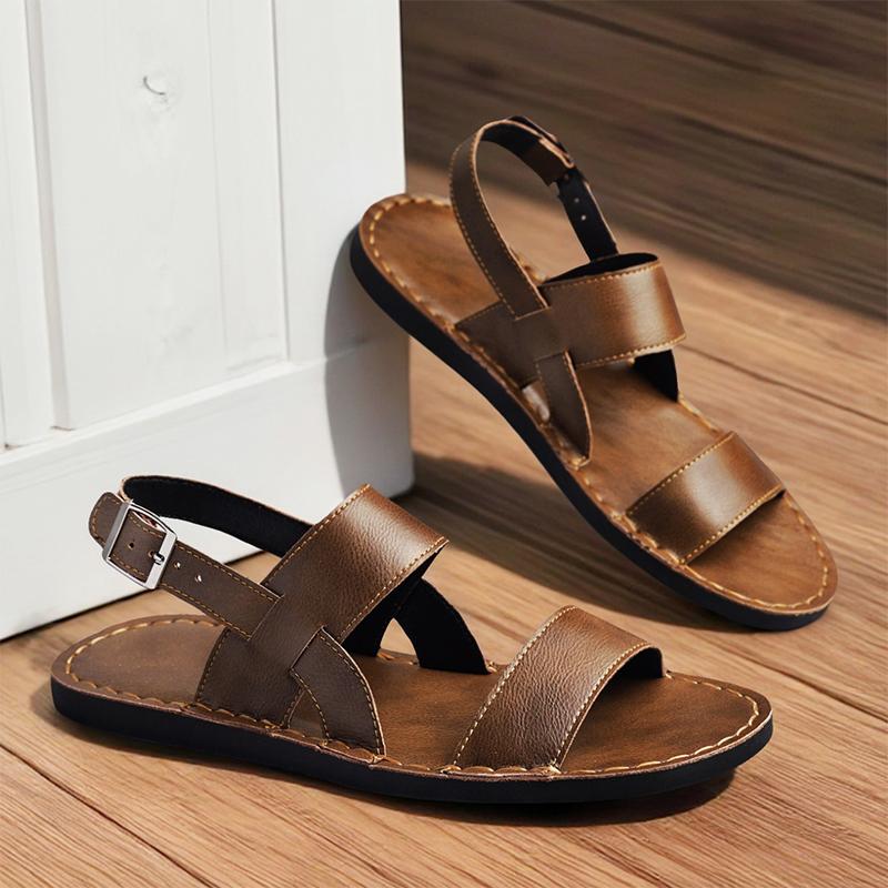Men Slippers Handmade Simple Flats Summer Roman Sandals Retro Brown Leather Beach Shoes Plus Size