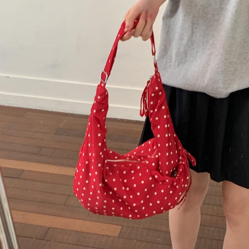 Korean Version Polka Dot Nylon Shoulder Bag New Fashion Foreign Style Pleated Tote Bag Versatile Drawstring Messenger Bag Women