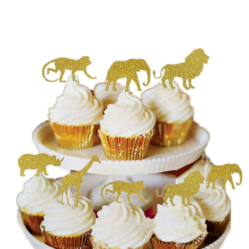 

30PCS Gold Glitter Jungle Safari Animal Cupcake Toppers Picks Animals Cake Decorations for Animal Baby Showers Birthday Party