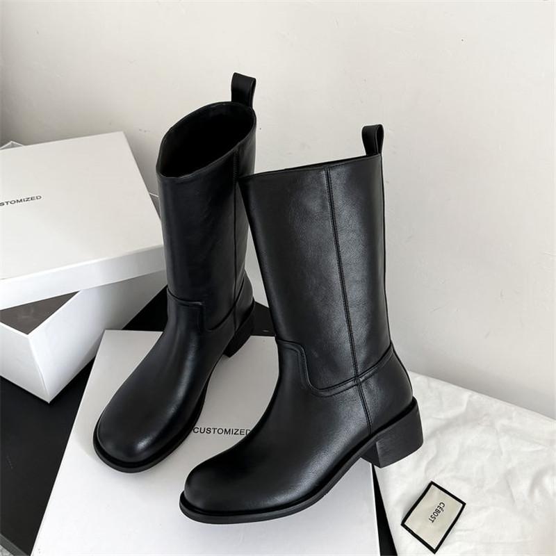 Fashion New Autumn Winter Split Leather Women Boot Shoes for Women Round Toe Mid-calf Boots Fashion Boots Handmade Zapatos De Mujer