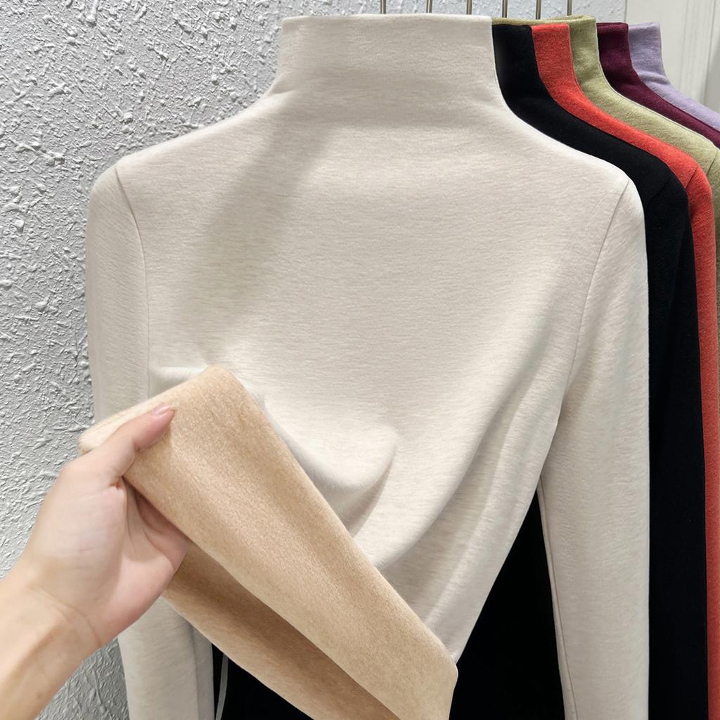 Autumn and winter women's clothing containing wool and silk bottoming shirt women's inner heating fleece warm turtleneck top with fleece and thicker