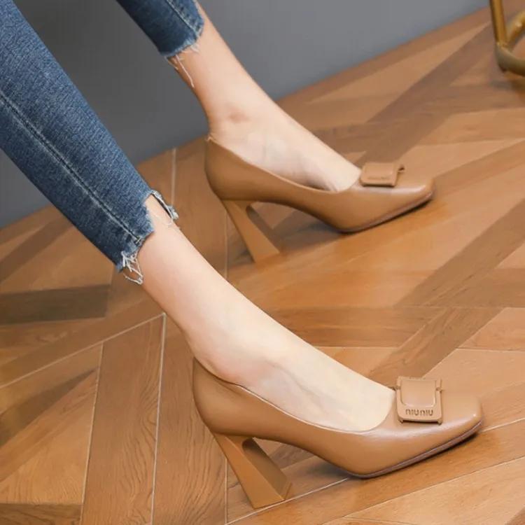 Fashion Single Shoe Woman 2025 Summer New Thick Heeled Korean Square Toe Shallow Mouth Metal Buckle Fashion Trend High Heels Women Shoes