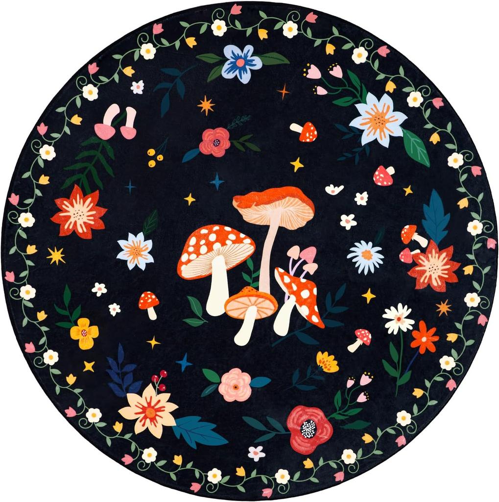 Floral Round Rug, Non-Slip Low Pile Floor Mat for Living Room or Bedroom, Kids' Room Friendly