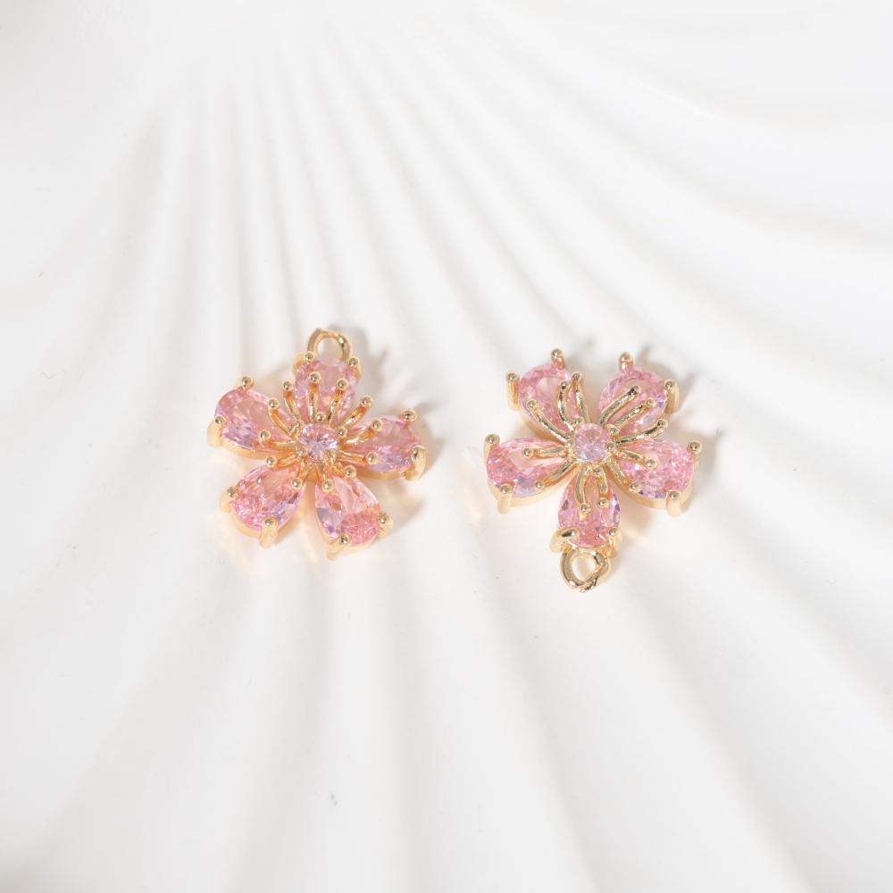 Pink Zirconia Flower Copper Charms, Golden Plated DIY Jewelry Pendants for Earring Necklace Craft