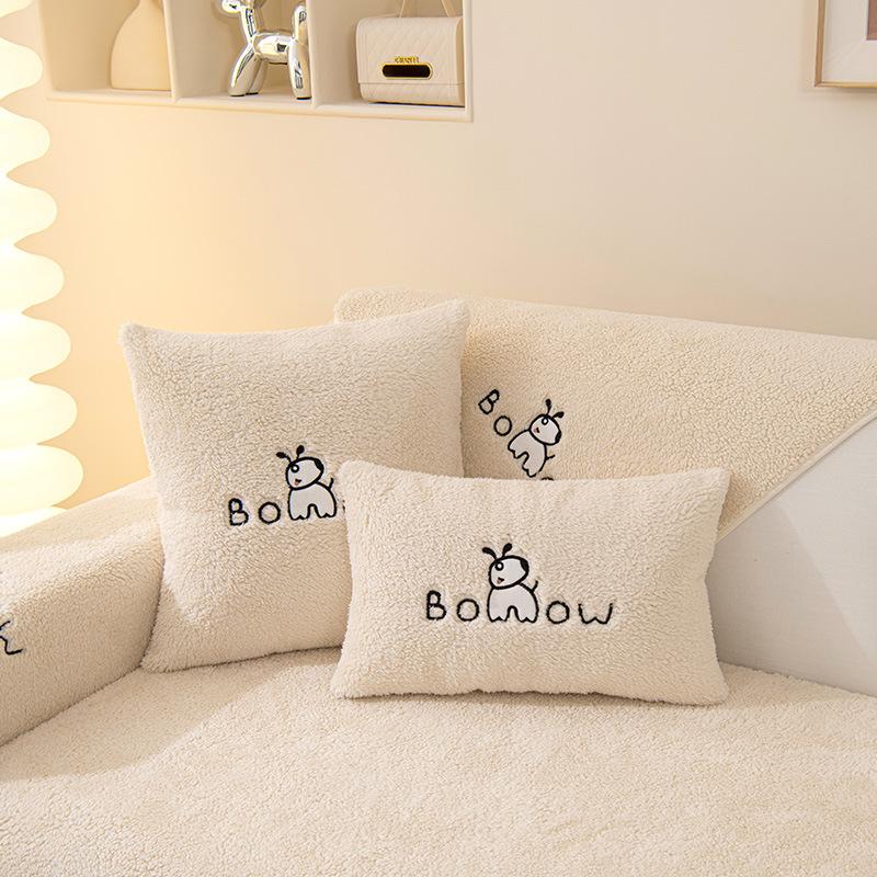 Winter Lamb Velvet Sofa Cover Anti-slip Particles Design Cushion Towel Cartoon Style Embroidery Sofa Cover Thickening Warm Mat